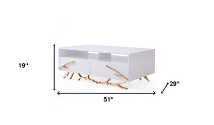 51" White and Rose Gold Wood And Stainless Steel Abstract Coffee Table With Two Drawers And Two Shelves