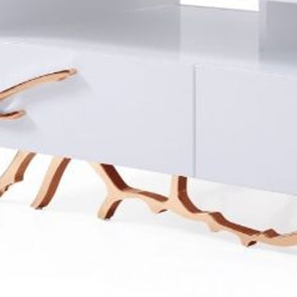 51" White and Rose Gold Wood And Stainless Steel Abstract Coffee Table With Two Drawers And Two Shelves