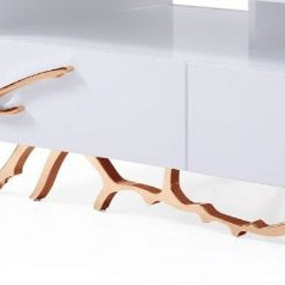 51" White and Rose Gold Wood And Stainless Steel Abstract Coffee Table With Two Drawers And Two Shelves