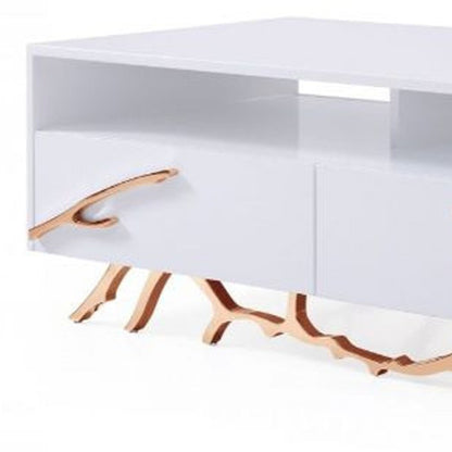 51" White and Rose Gold Wood And Stainless Steel Abstract Coffee Table With Two Drawers And Two Shelves