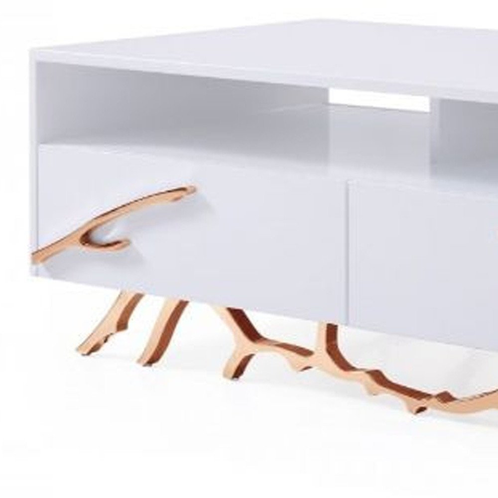 51" White and Rose Gold Wood And Stainless Steel Abstract Coffee Table With Two Drawers And Two Shelves