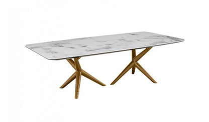 51" White and Brown Faux Marble And Wood Abstract Coffee Table