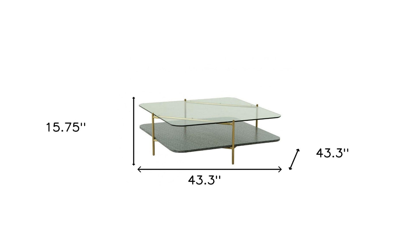 43" Gold And Clear Glass Square Coffee Table With Shelf