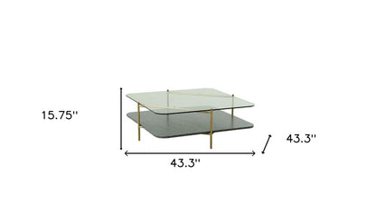43" Clear and Gold Glass And Steel Square Coffee Table With Shelf
