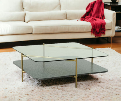 43" Gold And Clear Glass Square Coffee Table With Shelf