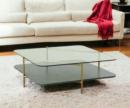 43" Clear and Gold Glass And Steel Square Coffee Table With Shelf