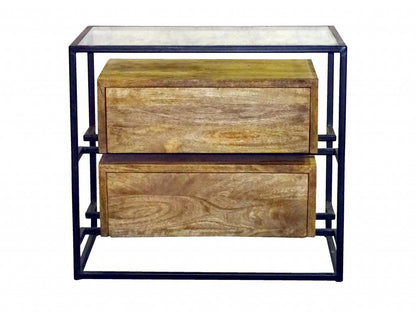 28" Natural Solid Wood and Glass Two Drawer Nightstand