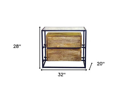 28" Natural Solid Wood and Glass Two Drawer Nightstand