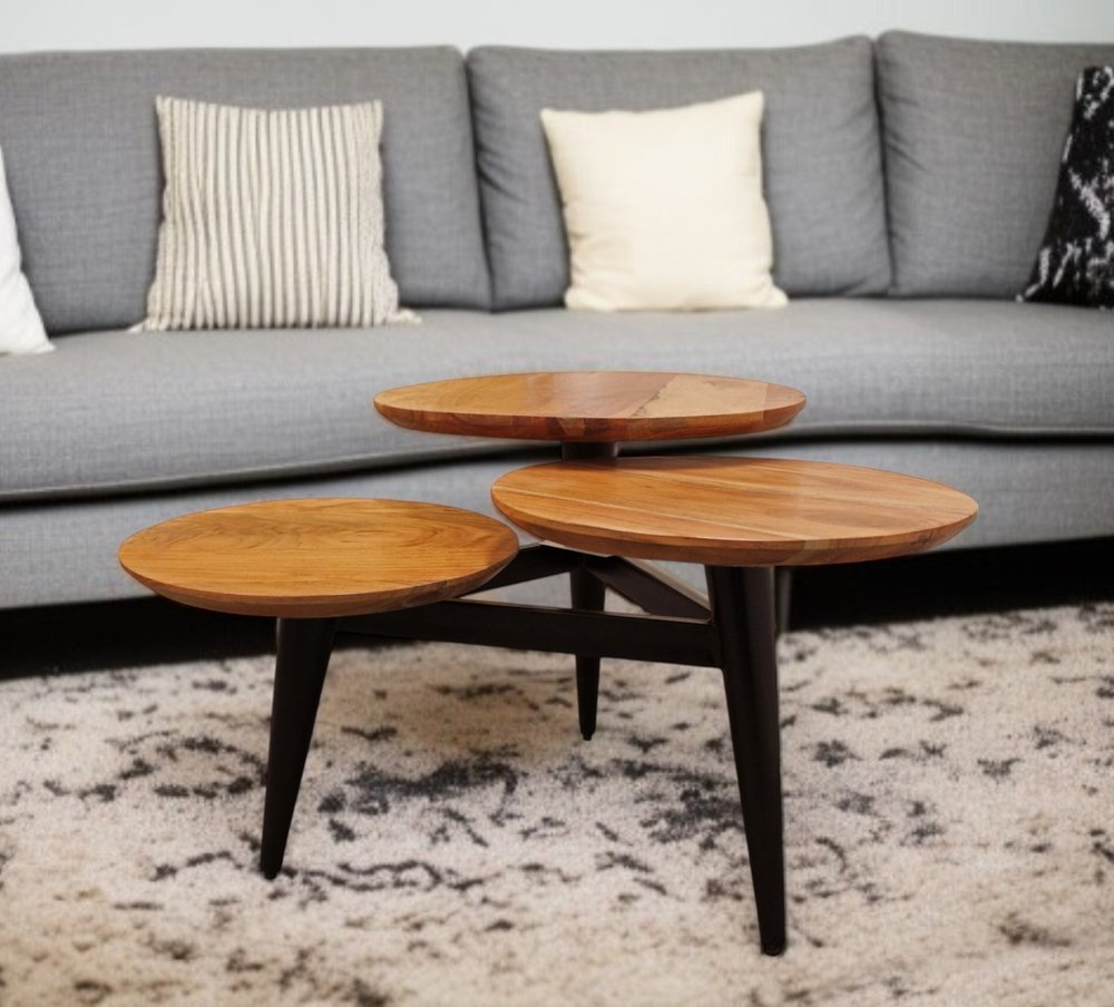 35" Natural Brown and Black Solid Wood and Iron Round Distressed Coffee Table