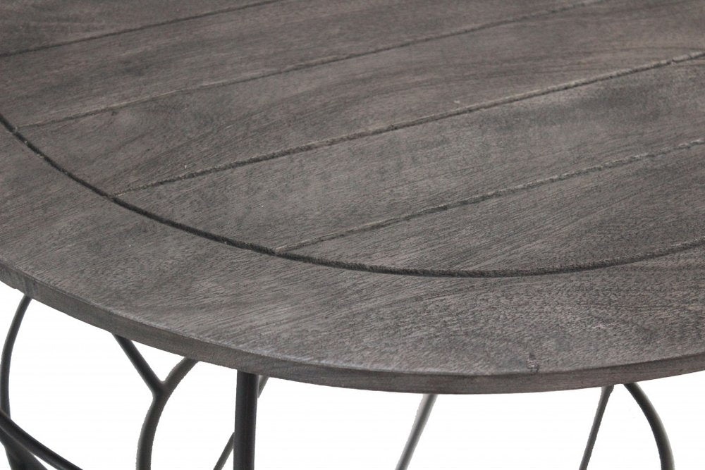 32" Gray Solid Wood Round Distressed Drum Drum Coffee Table
