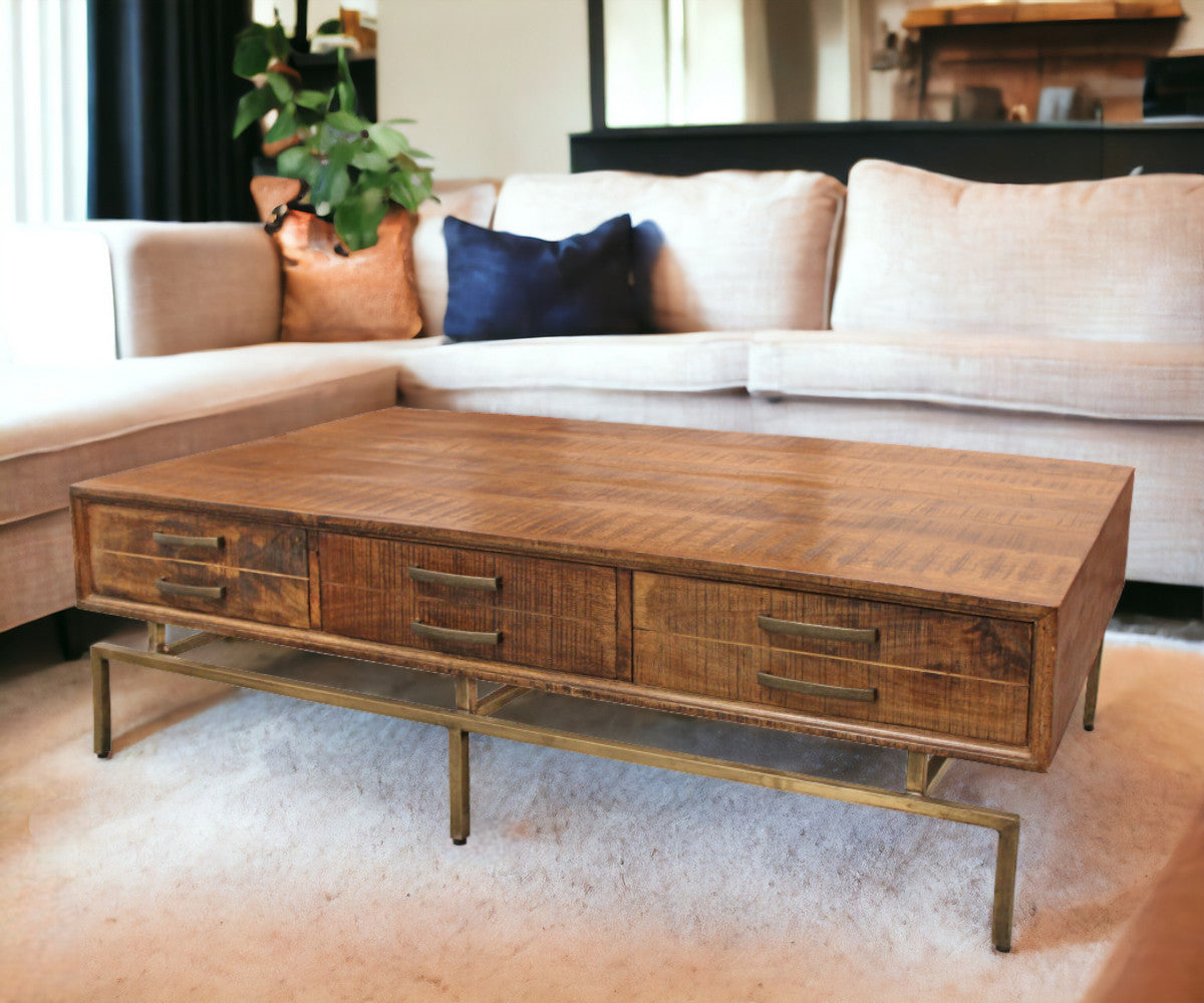 56" Brass And Brown Solid Wood Rectangular Distressed Storage Coffee Table