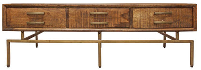 56" Brown and Brass Solid Wood and Iron Distressed Frame Coffee Table With Six Drawers