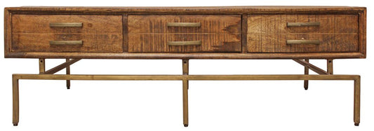 56" Brown and Brass Solid Wood and Iron Distressed Frame Coffee Table With Six Drawers