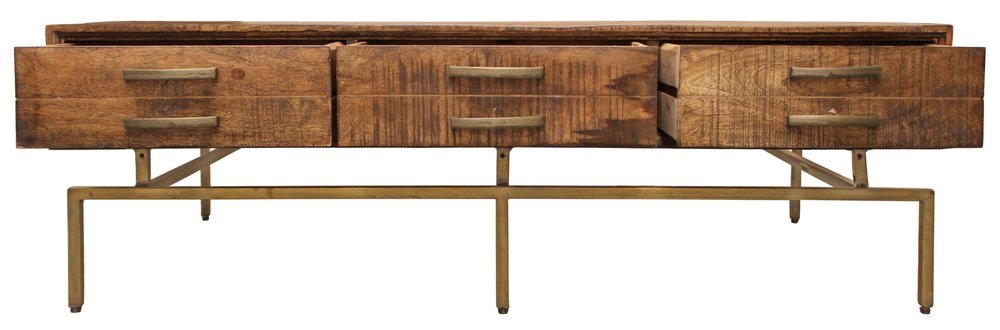56" Brown and Brass Solid Wood and Iron Distressed Frame Coffee Table With Six Drawers
