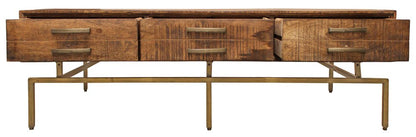 56" Brown and Brass Solid Wood and Iron Distressed Frame Coffee Table With Six Drawers
