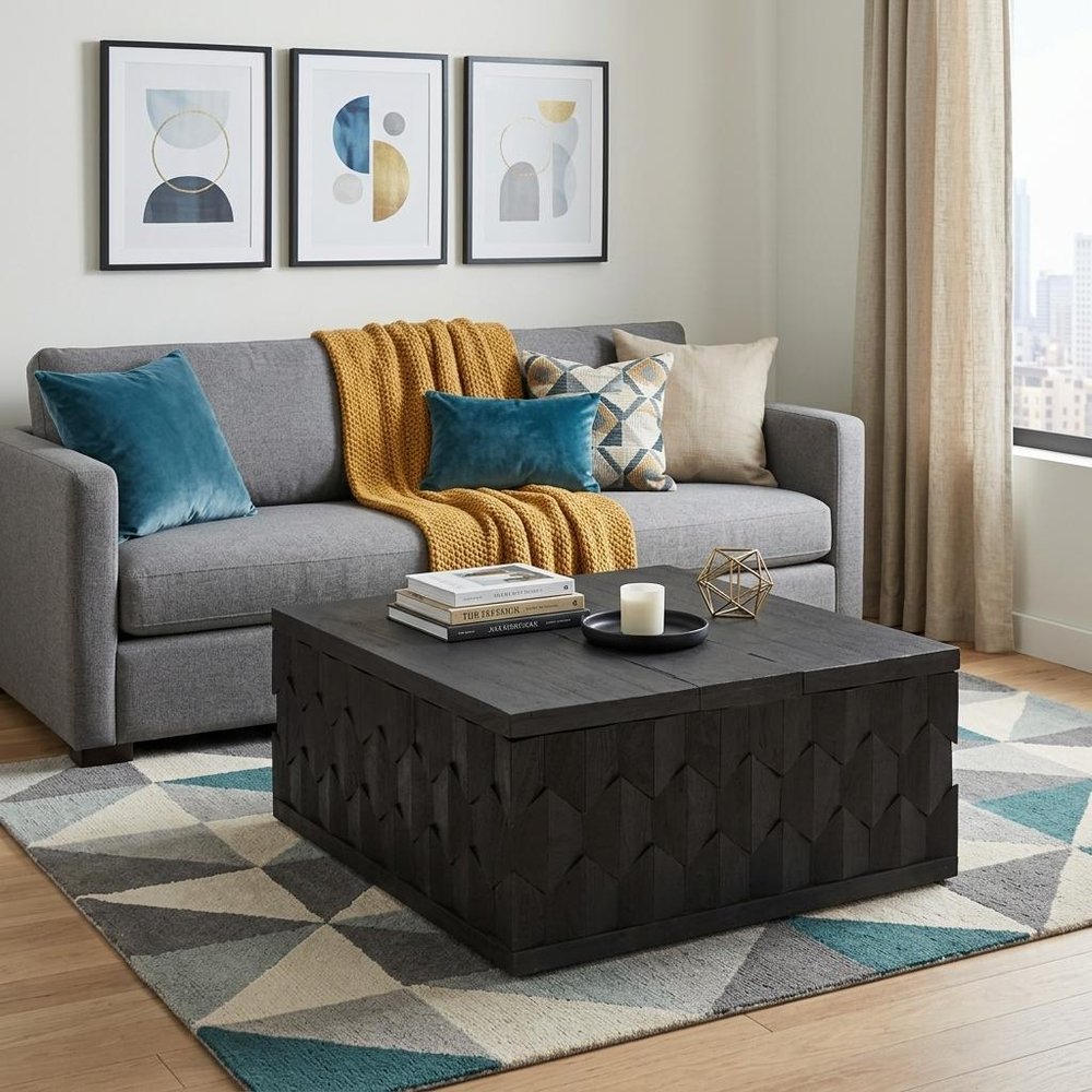 40" Dark Gray Solid Wood Square Distressed Solid Trunk Coffee Table