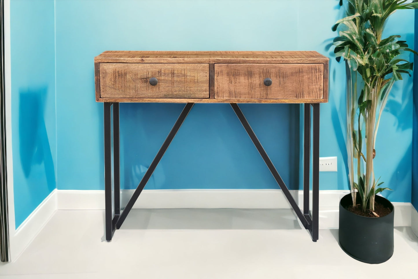 36" Natural and Black Solid Wood Distressed Frame Console Table And Drawers