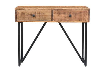 36" Natural and Black Solid Wood and Iron Distressed Frame Console Table With Two Drawers