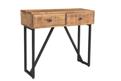 36" Natural and Black Solid Wood and Iron Distressed Frame Console Table With Two Drawers