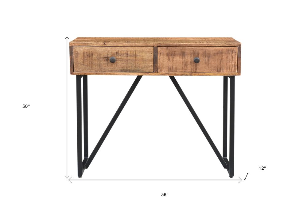 36" Natural and Black Solid Wood and Iron Distressed Frame Console Table With Two Drawers