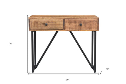 36" Natural and Black Solid Wood and Iron Distressed Frame Console Table With Two Drawers