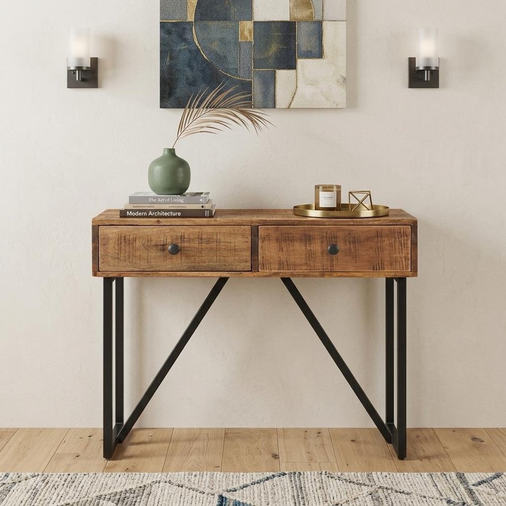 36" Natural and Black Solid Wood and Iron Distressed Frame Console Table With Two Drawers