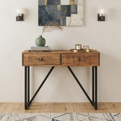 36" Natural and Black Solid Wood and Iron Distressed Frame Console Table With Two Drawers