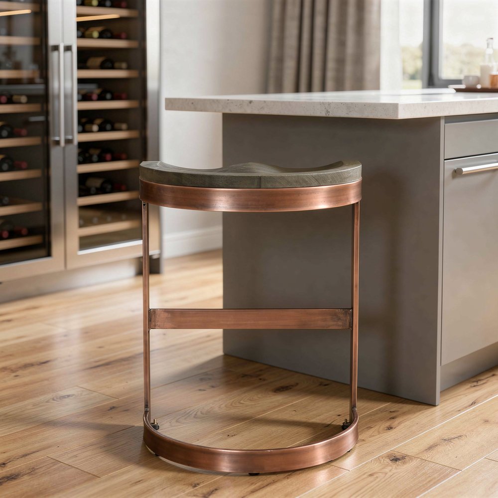 30" Gray And Copper Iron Backless Bar Height Bar Chair