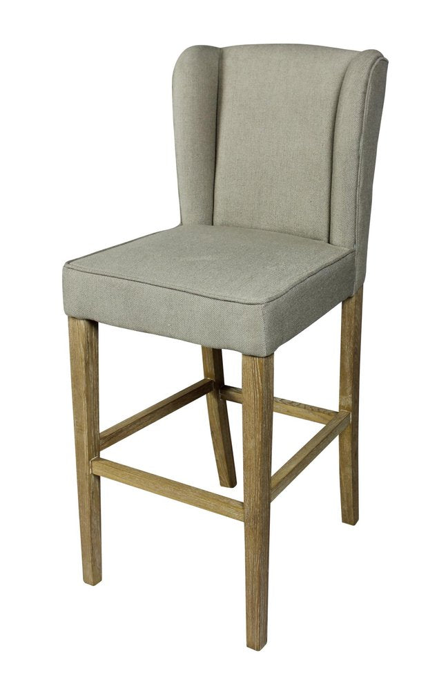 30" Gray And Brown Fabric And Linen And Solid Wood Bar Height Bar Chair
