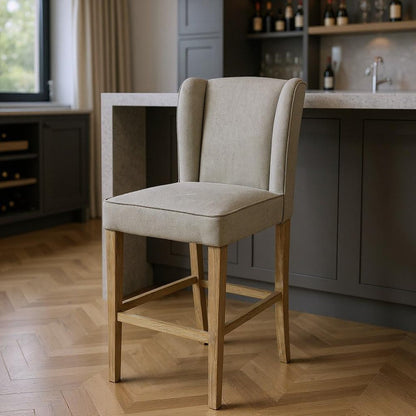 30" Gray And Brown Fabric And Linen And Solid Wood Bar Height Bar Chair