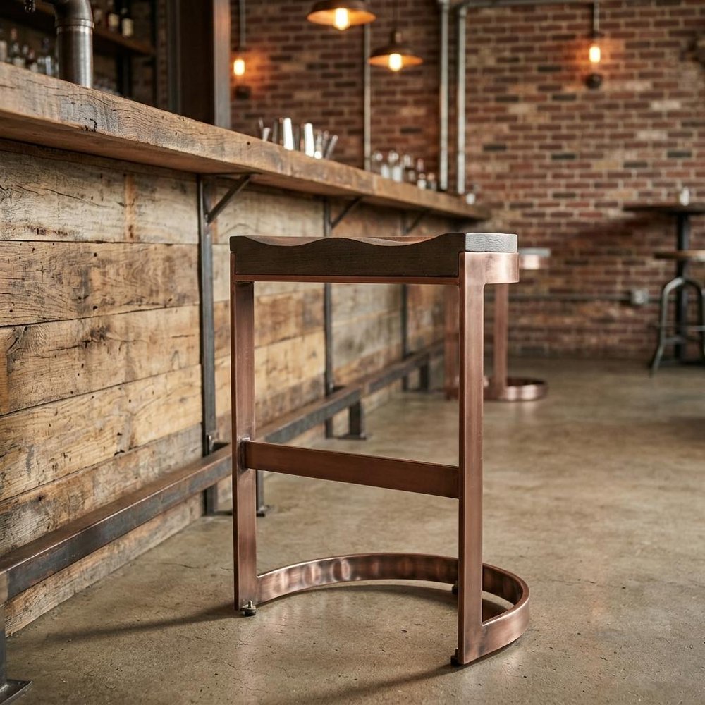 26" Gray And Copper Solid Wood And Iron Backless Counter Height Bar Chair