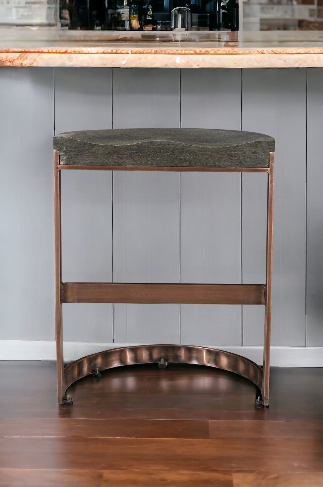 26" Gray And Copper Iron Backless Counter Height Bar Chair