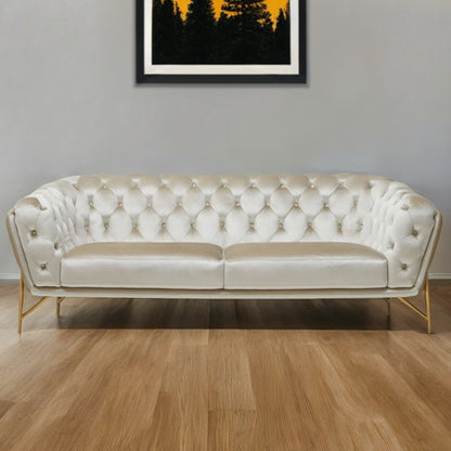 88" Beige Velvet Chesterfield Sofa With Gold Legs