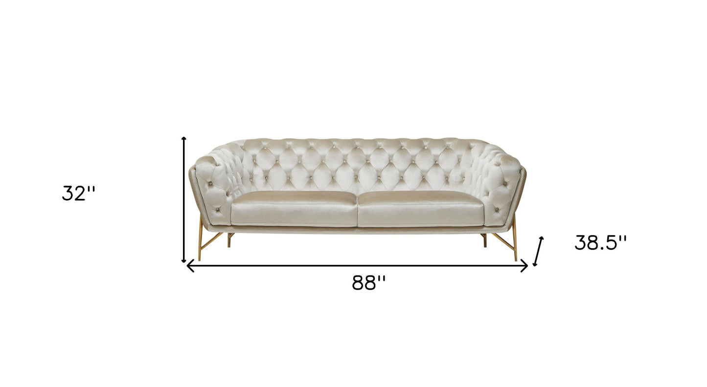 88" Beige Velvet Chesterfield Sofa With Gold Legs