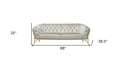 88" Beige Velvet Chesterfield Sofa With Gold Legs