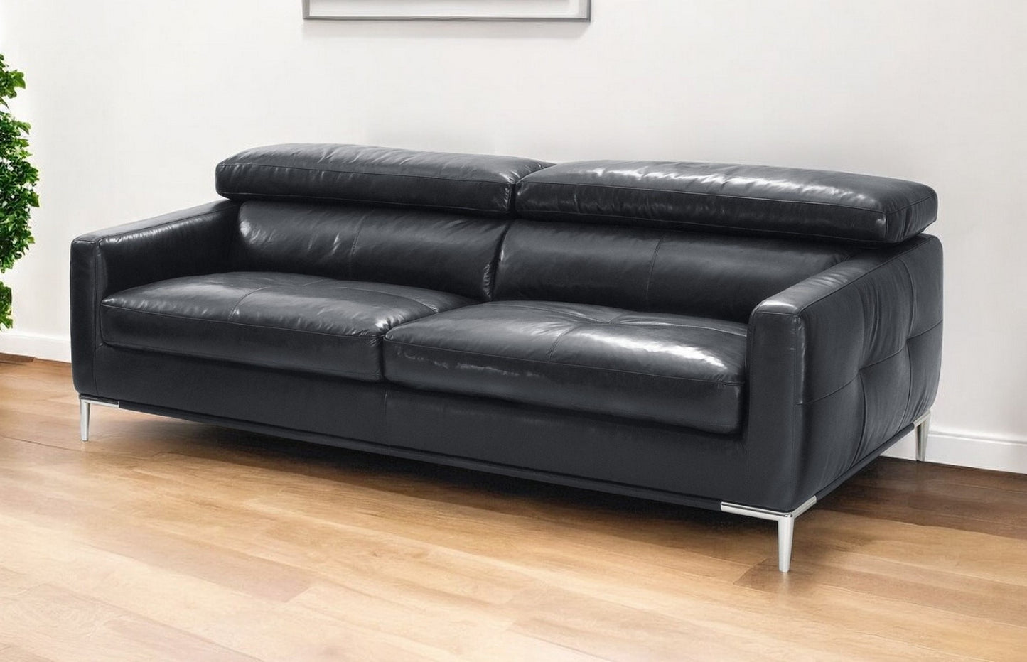 79" Black Leather Sofa With Silver Legs