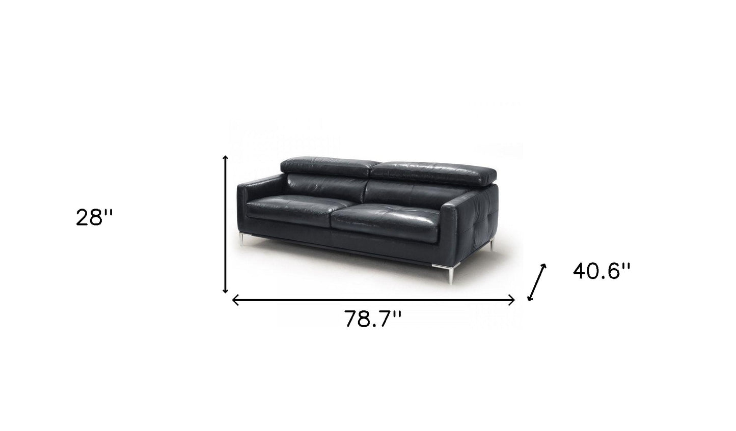 79" Black Leather Sofa With Silver Legs