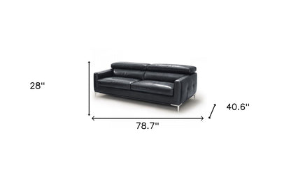 79" Black Leather Sofa With Silver Legs