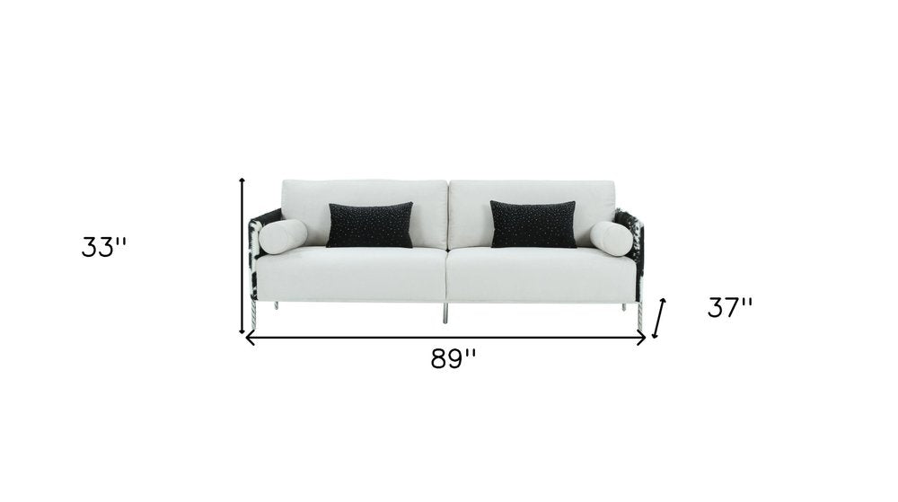89" White Sofa And Toss Pillows With Silver Legs