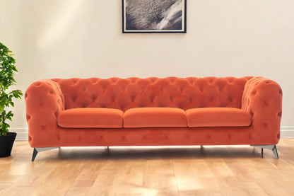 97" Orange Fabric Chesterfield Sofa With Silver Legs