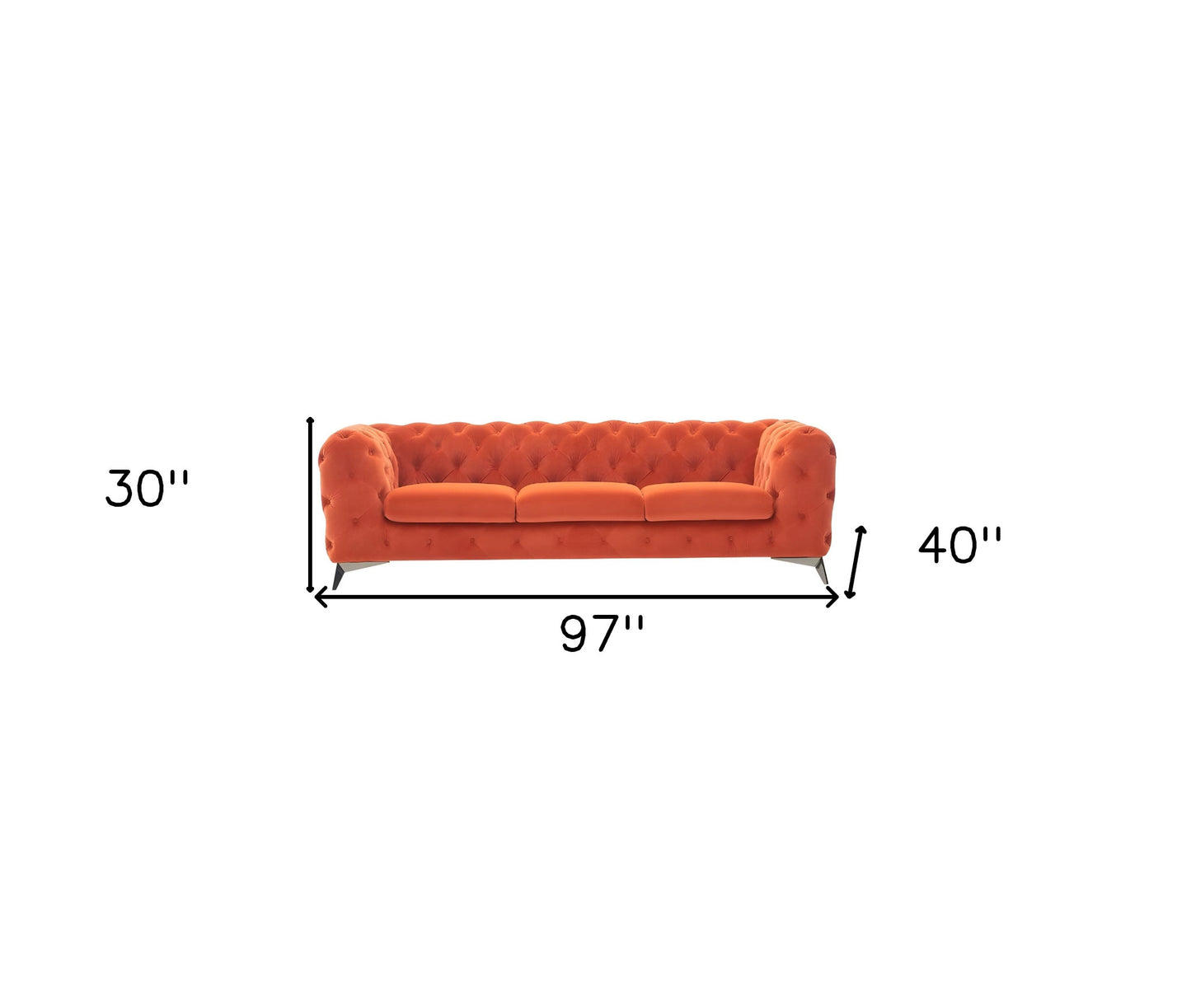 97" Orange Fabric Chesterfield Sofa With Silver Legs