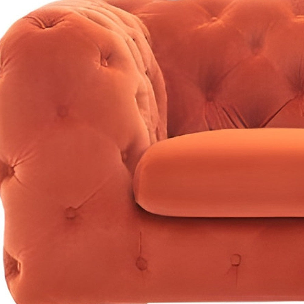 97" Orange Fabric Chesterfield Sofa With Silver Legs