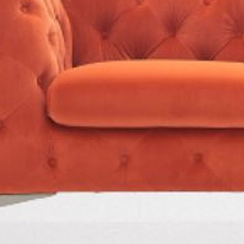 97" Orange Fabric Chesterfield Sofa With Silver Legs