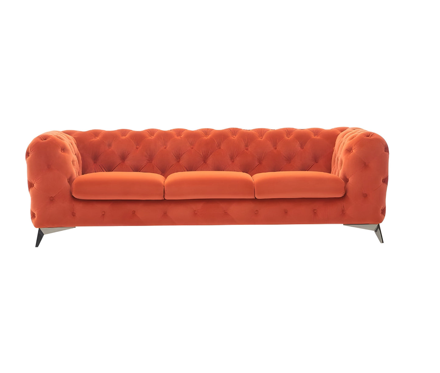 97" Orange Fabric Chesterfield Sofa With Silver Legs