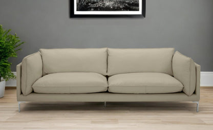 96" Taupe Leather Sofa With Silver Legs