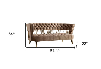 84" Beige Velvet Sofa With Gold Legs