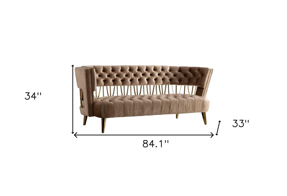 84" Beige Velvet Sofa With Gold Legs