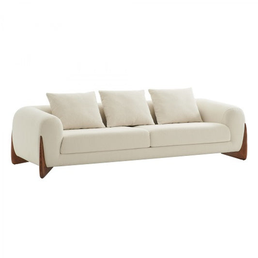 100" Cream Fabric Sofa With Wood Brown Legs