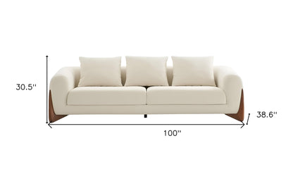 100" Cream Fabric Sofa With Wood Brown Legs