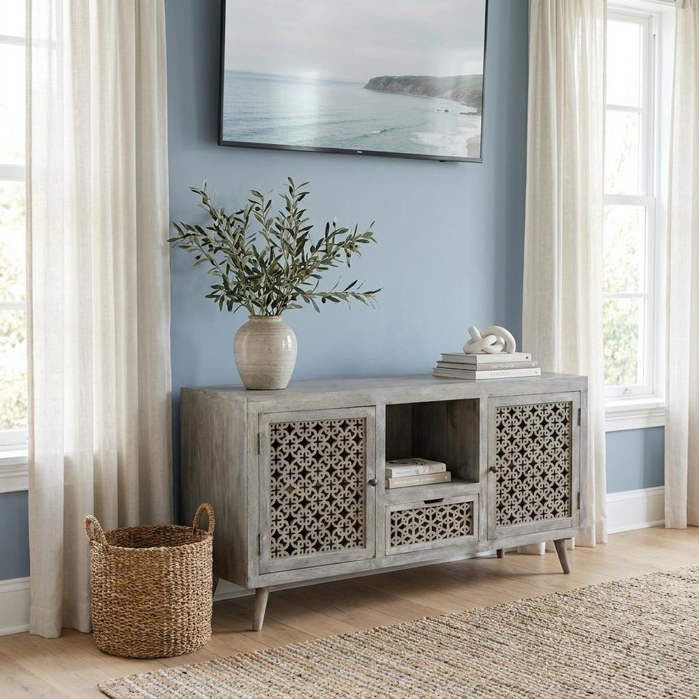 55" Gray Solid Wood Cabinet Enclosed Storage Worn TV Stand